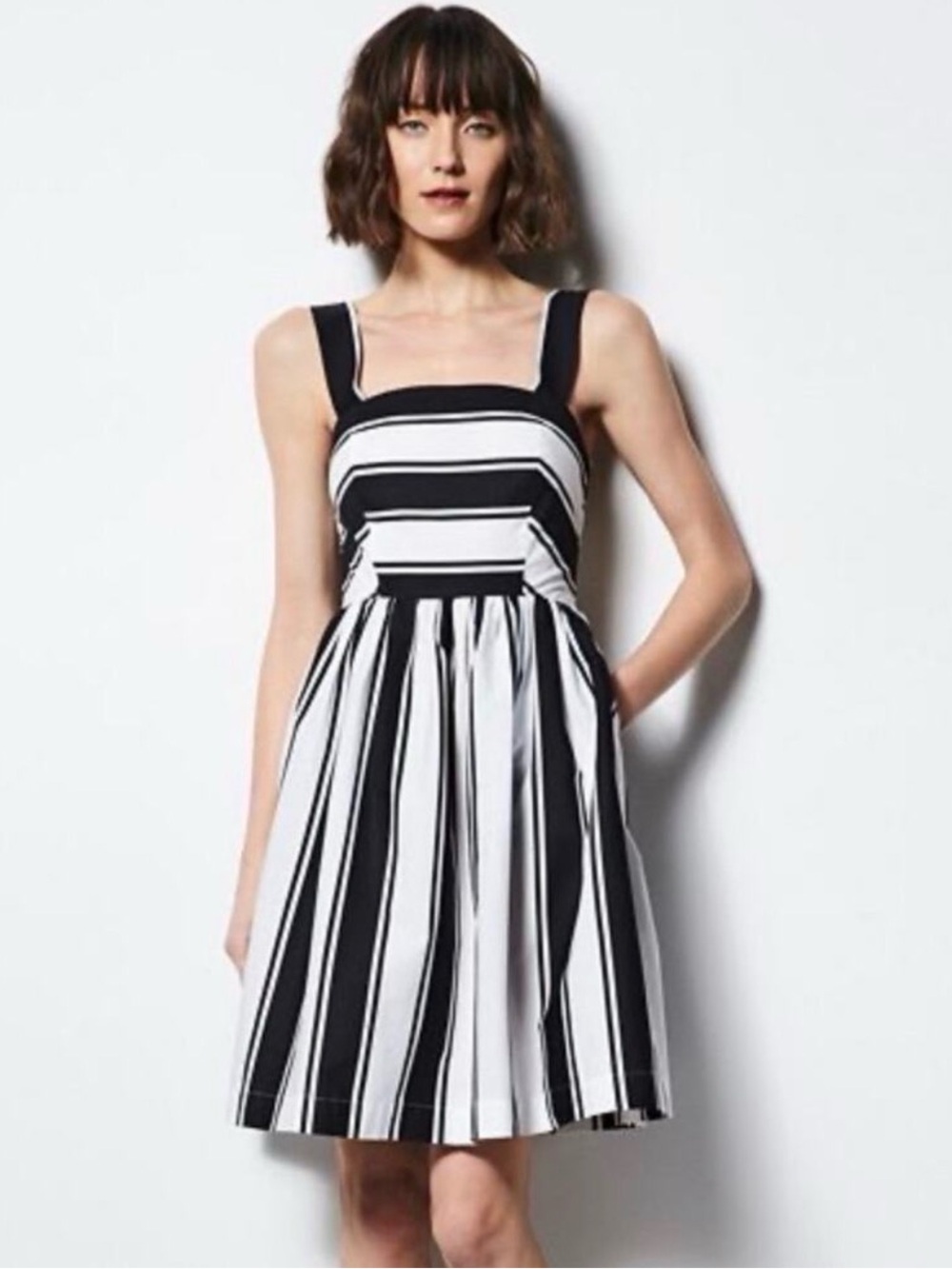 Milly for Design Nation Striped Fit & Flare Sundress Size 8 Square Neck Pockets